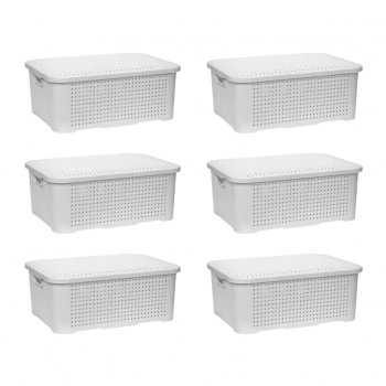 Kit 06 Caixa Organizadora Rattan 10 Litros Empilhavel com tampa jogo Plástico Rosa Azul Branco